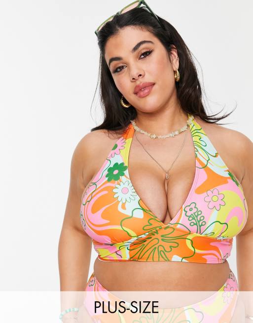 Reclaimed Vintage Inspired Plus - Bikinitop med halterneck og farverigt retro-blomstermønster - MULTI