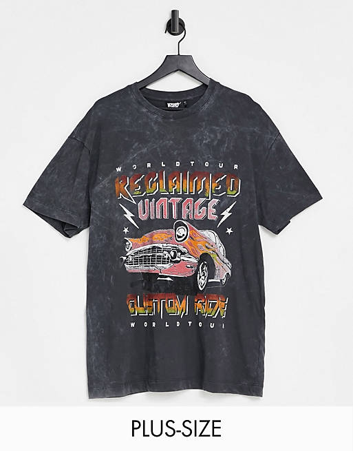 Reclaimed Vintage inspired plus car print band t-shirt in charcoal