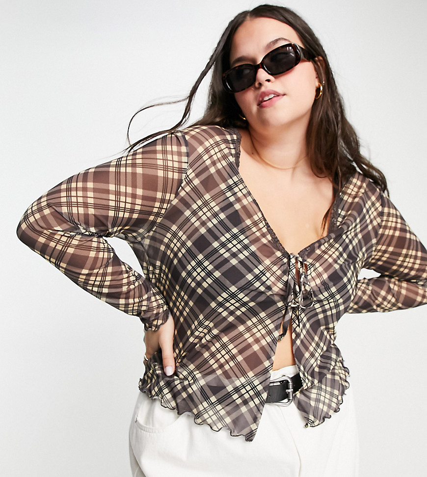 Reclaimed Vintage inspired Plus check mesh cardigan co-ord in brown