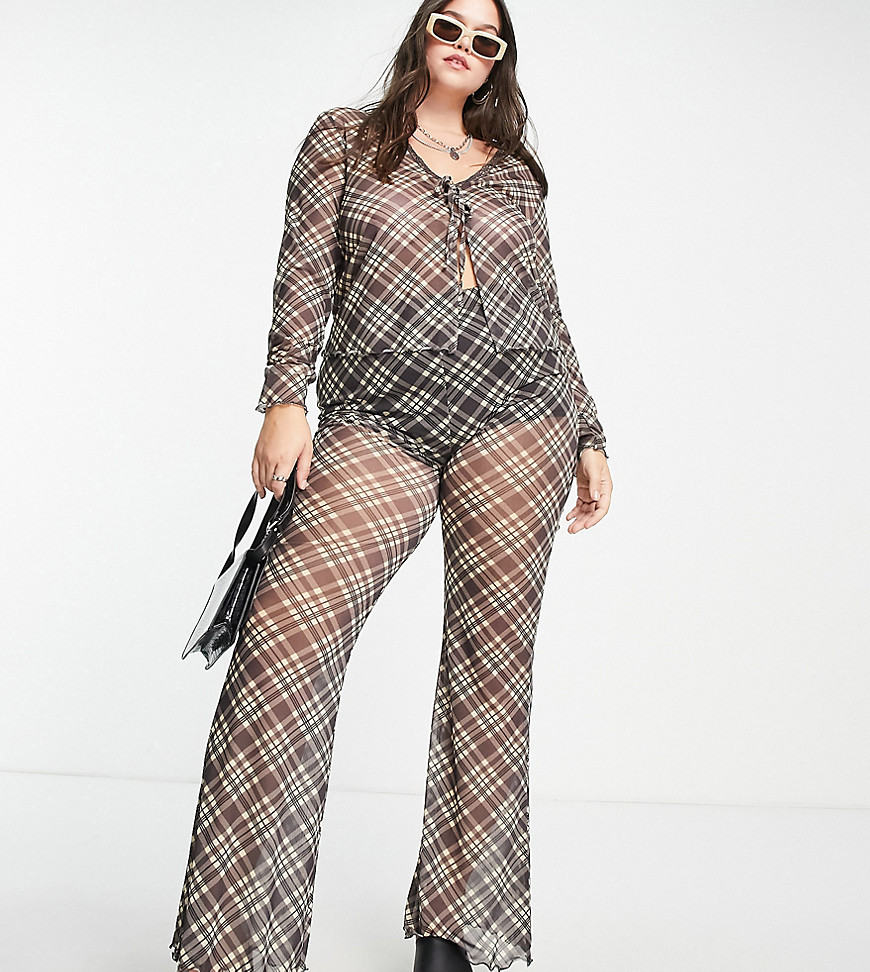 reclaimed vintage inspired plus check mesh flared trousers co-ord in brown
