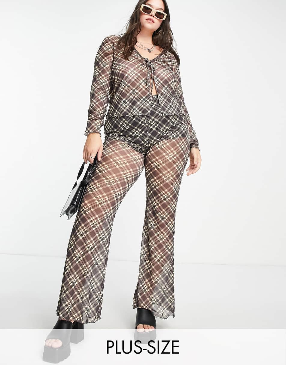 Reclaimed Vintage inspired Plus check mesh flared trousers co-ord in brown