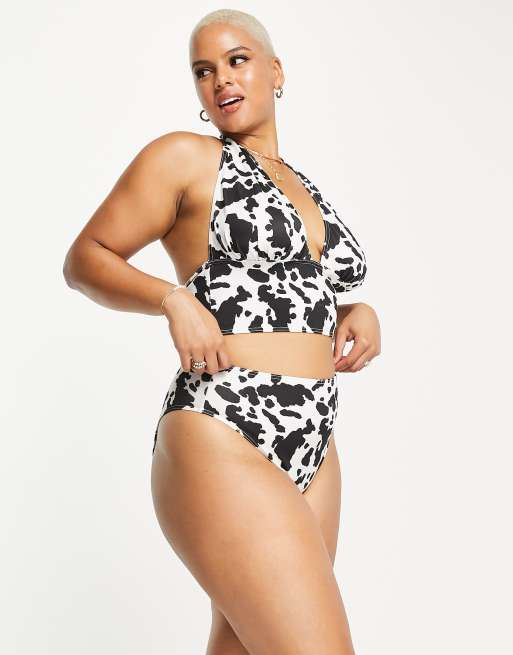 Reclaimed Vintage Inspired Plus – Dół od bikini z podwyższonym stanem we wzór w krowie łaty 