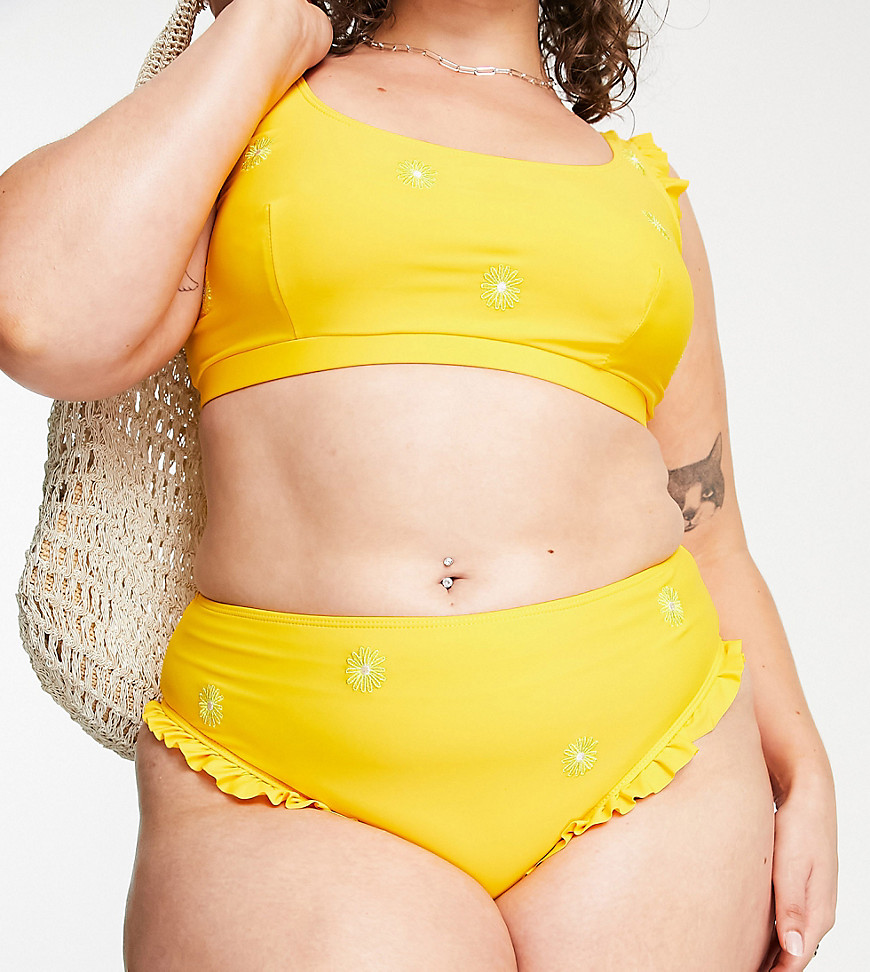 Reclaimed Vintage inspired Plus flower embroidered bikini bottom in yellow
