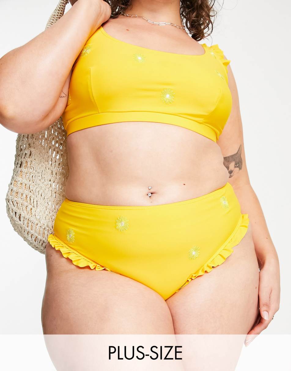 Reclaimed Vintage inspired Plus flower embroidered bikini bottom in yellow
