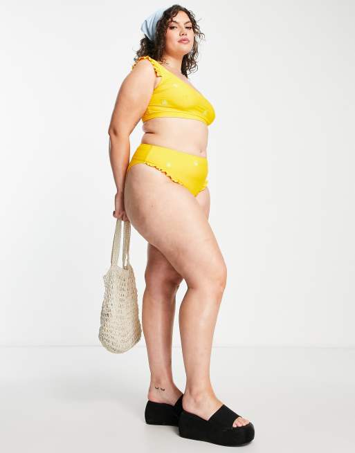 Reclaimed Vintage inspired Plus flower embroidered bikini top in yellow