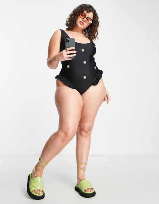Reclaimed Vintage Inspired Plus flower embroidered swimsuit in black , 2 of 4