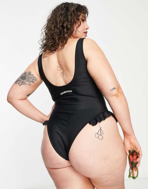Reclaimed Vintage Inspired Plus flower embroidered swimsuit in black , 3 of 4
