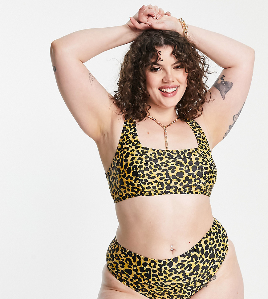 Reclaimed Vintage inspired Plus high waist bikini bottom in leopard print - MULTI