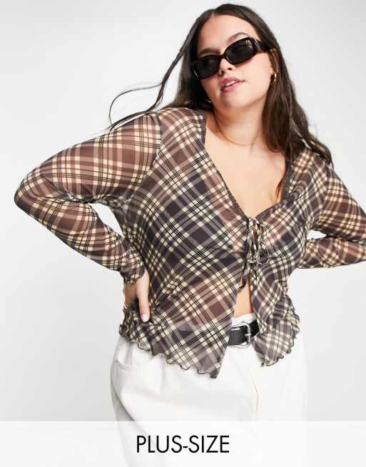 Reclaimed Vintage Inspired Plus – Karierte Netzstoff-Strickjacke in Braun, Kombiteil