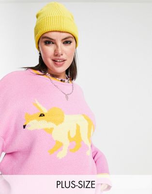 Reclaimed Vintage inspired plus knitted jumper with dinosaur print in pink