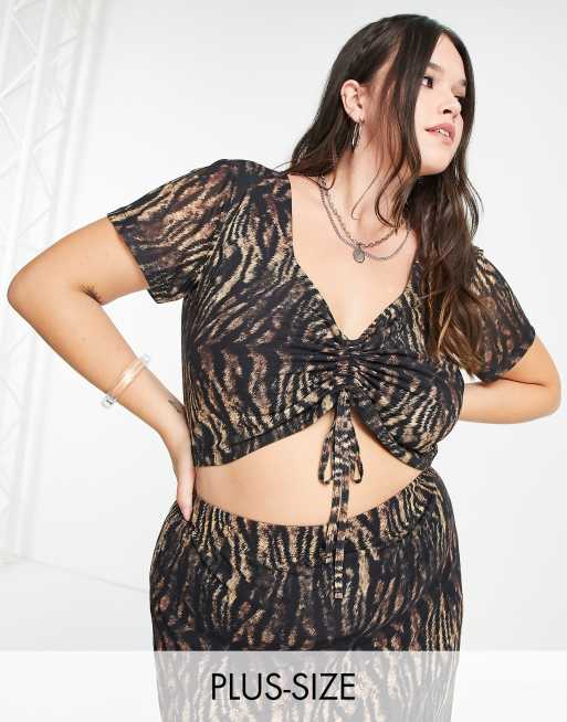 Reclaimed Vintage Inspired Plus – Kurzes Oberteil in Braun mit Animalprint und geschnürter Vorderseite, Kombiteil