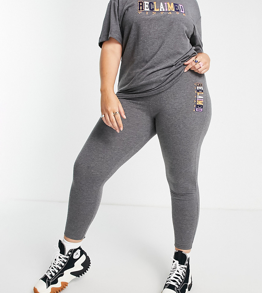 Plus-size leggings by Reclaimed Vintage Exclusive to ASOS High rise Elasticated waist Logo embroidery Bodycon fit