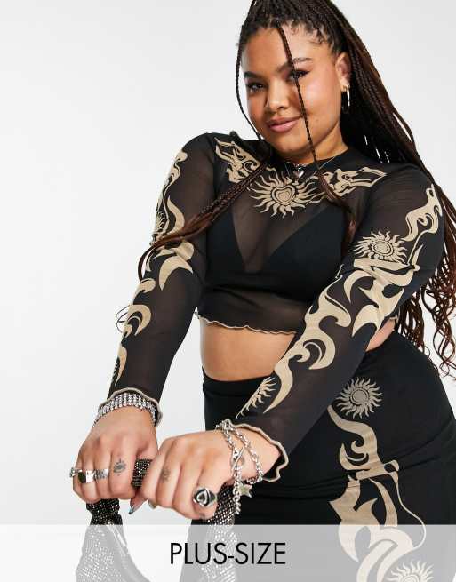 Reclaimed Vintage inspired Plus long sleeve tattoo print mesh top co-ord in black