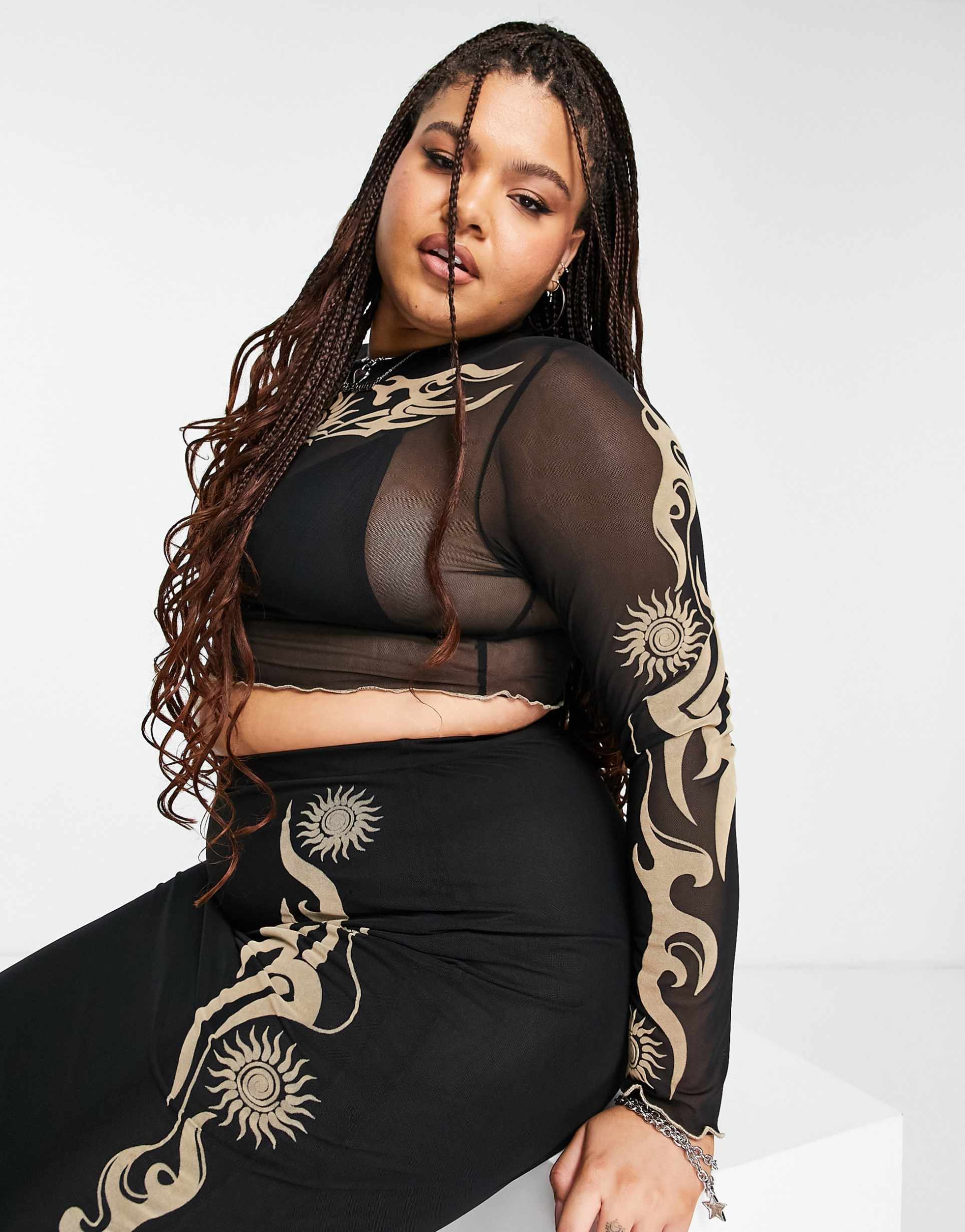 Reclaimed Vintage inspired Plus long sleeve tattoo print mesh top co-ord in black view 4
