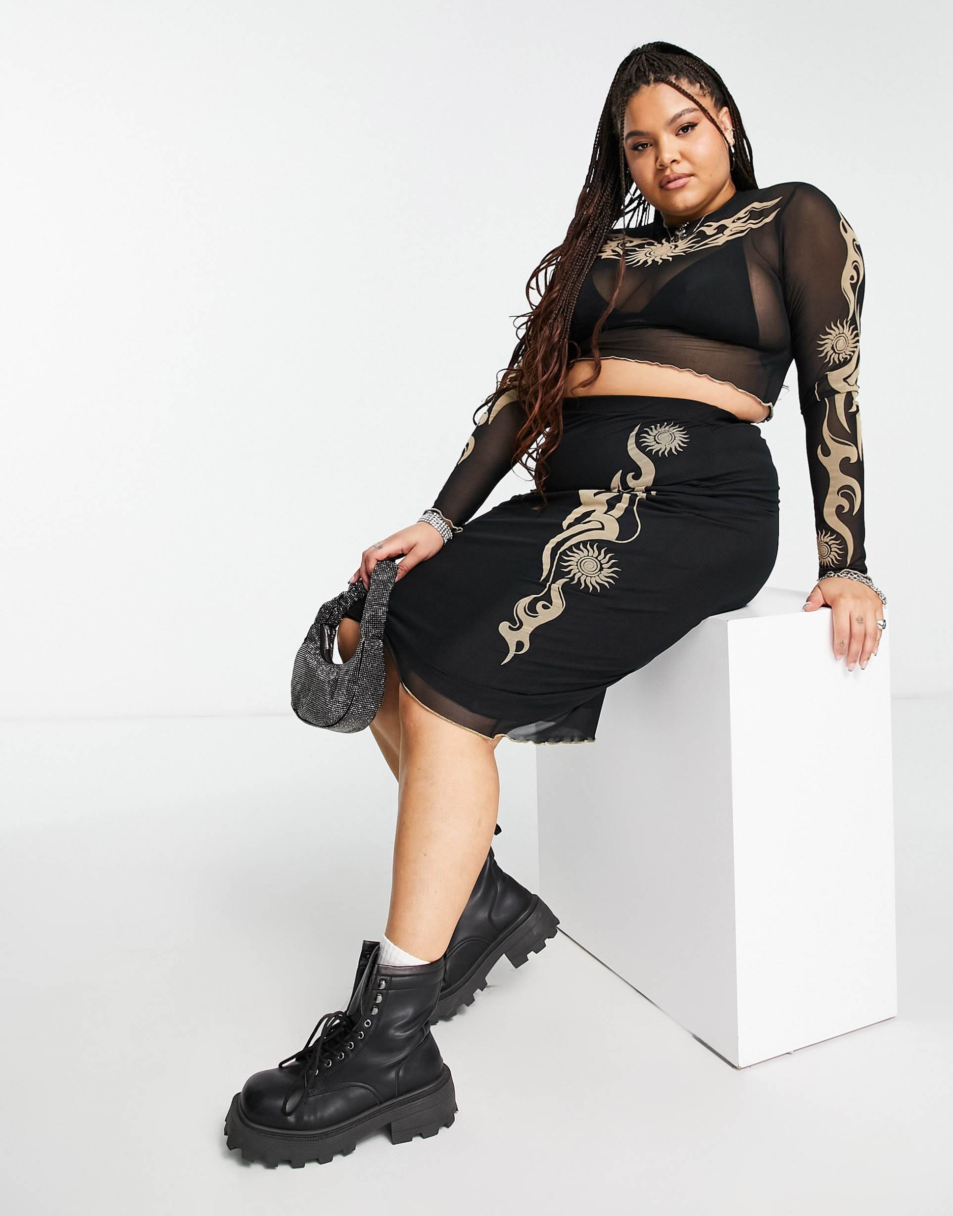 Reclaimed Vintage inspired Plus long sleeve tattoo print mesh top co-ord in black