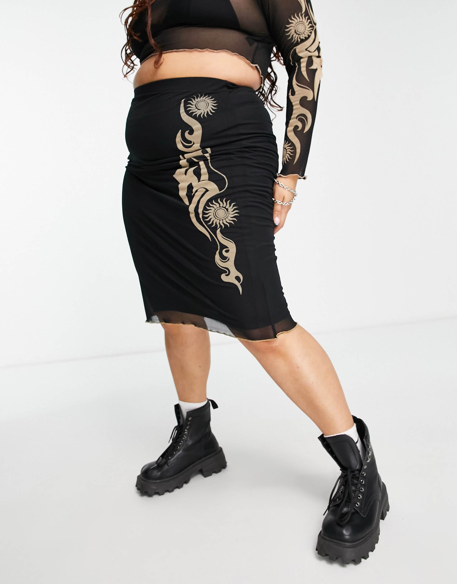 Reclaimed Vintage inspired PLUS midi mesh tattoo print skirt co-ord in black view 4