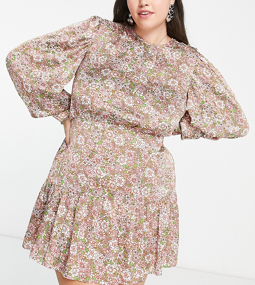 Reclaimed Vintage inspired Plus mini tea dress in floral print-Multi