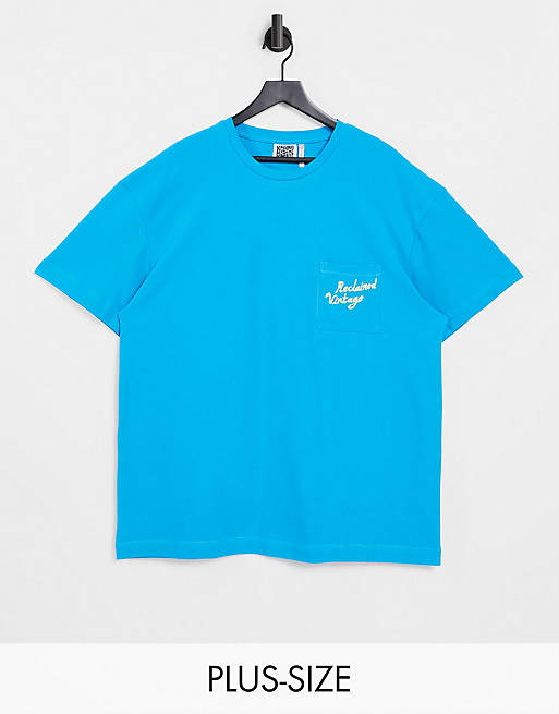 Reclaimed Vintage inspired plus pocket t shirt with logo embroidery in blue