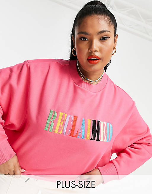 Reclaimed Vintage inspired plus relaxed sweatshirt with rainbow embroidery in pink