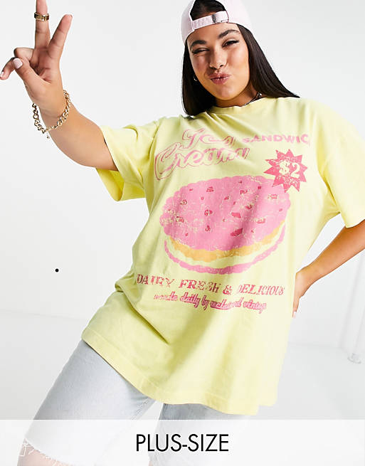 Reclaimed Vintage inspired plus relaxed t-shirt with retro ice cream print in yellow 