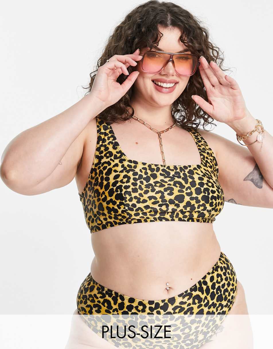 Reclaimed Vintage inspired Plus square neck bikini top in leopard print - MULTI