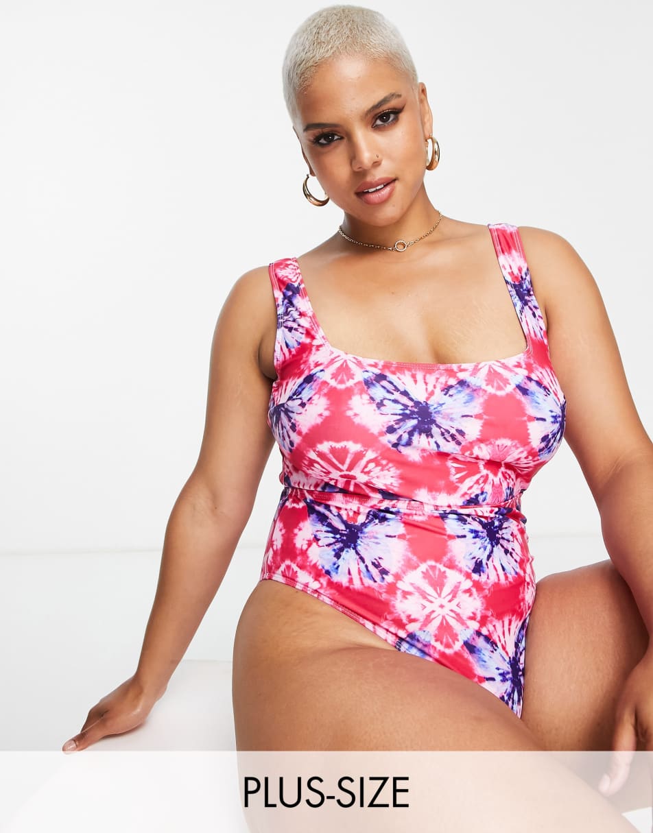 Reclaimed Vintage inspired Plus square neck swimsuit in butterfly tie dye floral print