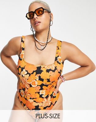 Reclaimed Vintage inspired Plus swimsuit in black and orange floral - ASOS Price Checker
