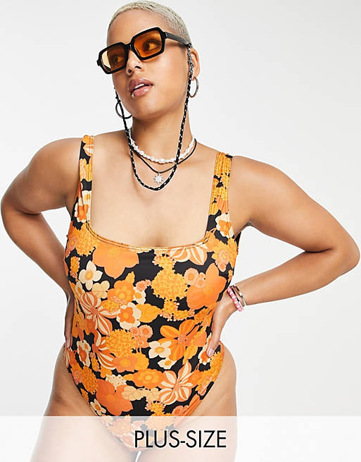 Reclaimed Vintage Inspired Plus swimsuit in black and orange floral