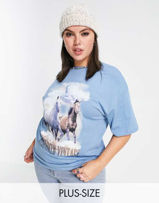 Reclaimed Vintage Inspired Plus t-shirt with horse graphic in blue 
