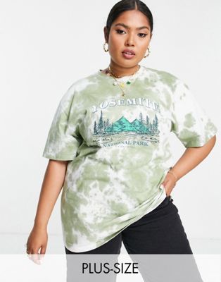 Reclaimed Vintage inspired plus t-shirt with yosemite print in green tie dye