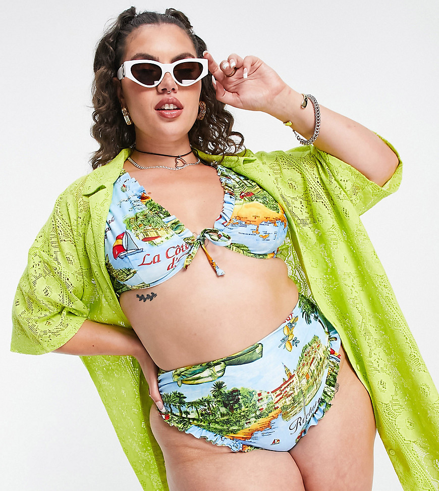 inspired Plus Underwired bikini top in Retro Postcard Print - MULTI