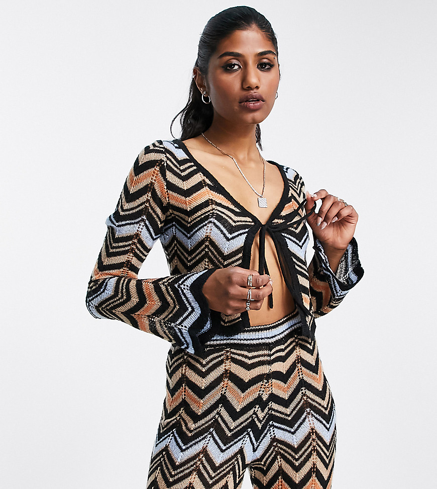 Reclaimed Vintage inspired pointelle tie front cardigan co-ord in zig zag-Multi