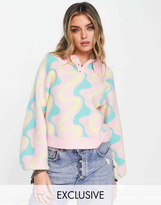 Reclaimed Vintage Inspired polo sweater in swirl print