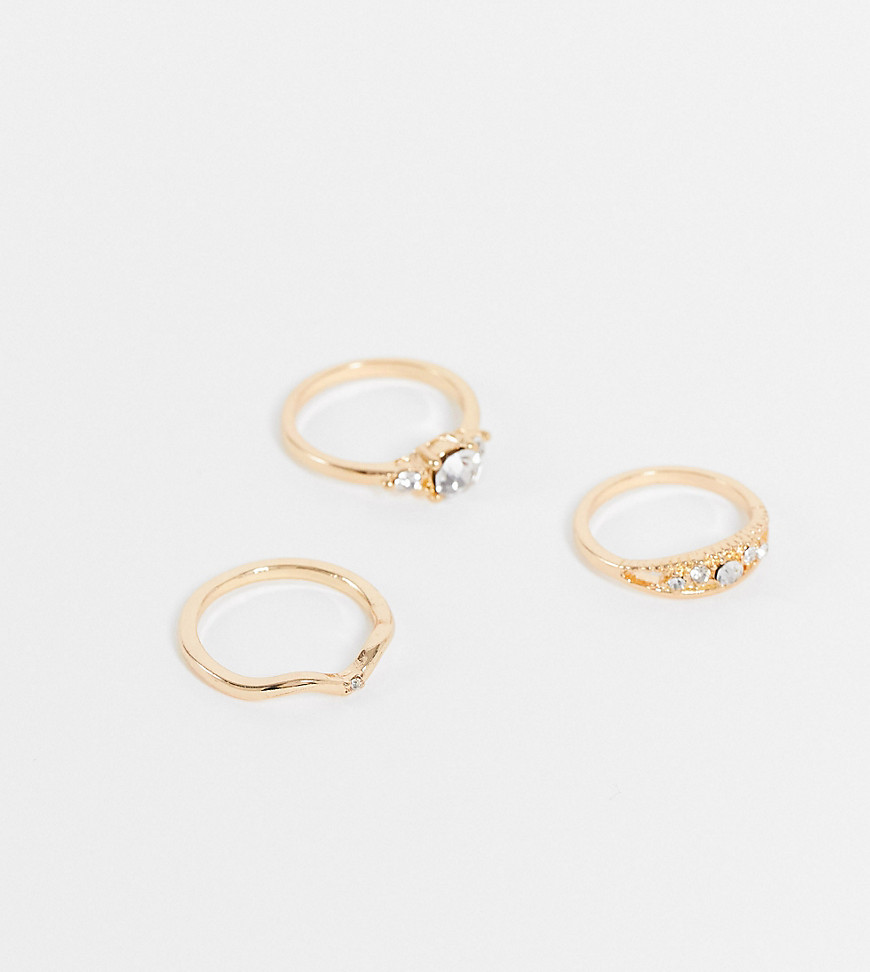 Reclaimed Vintage Inspired pretty crystal rings in gold 3 pack