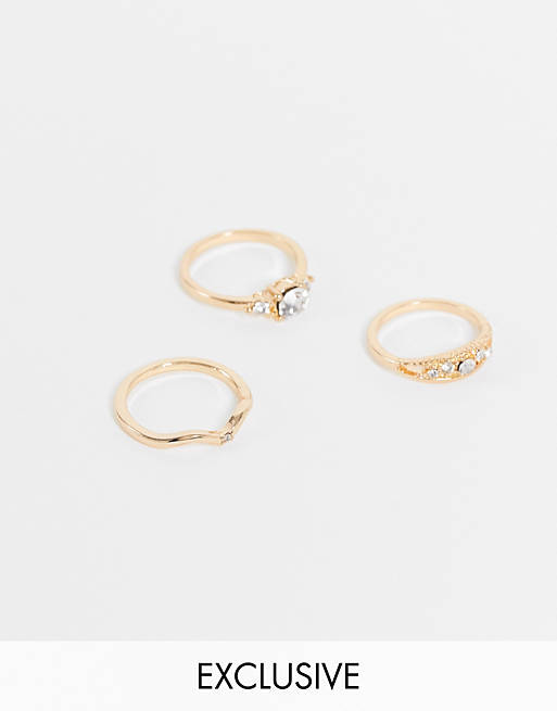 Reclaimed Vintage inspired pretty crystal rings in gold 3 pack