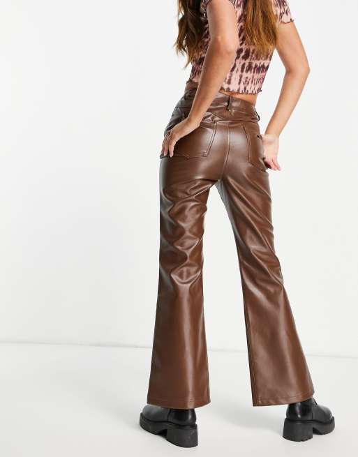 Reclaimed Vintage inspired PU flare trouser in brown , 2 of 4
