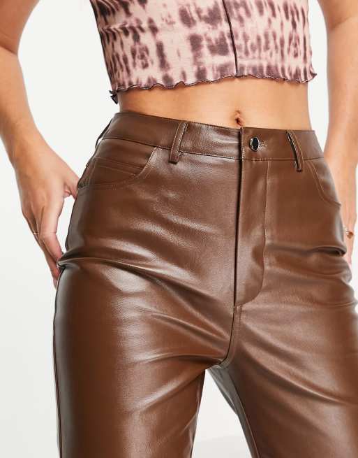 Reclaimed Vintage inspired PU flare trouser in brown , 3 of 4