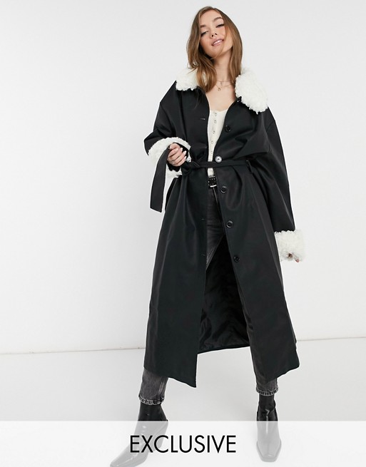 Reclaimed Vintage inspired leather look coat with detachable faux fur collar
