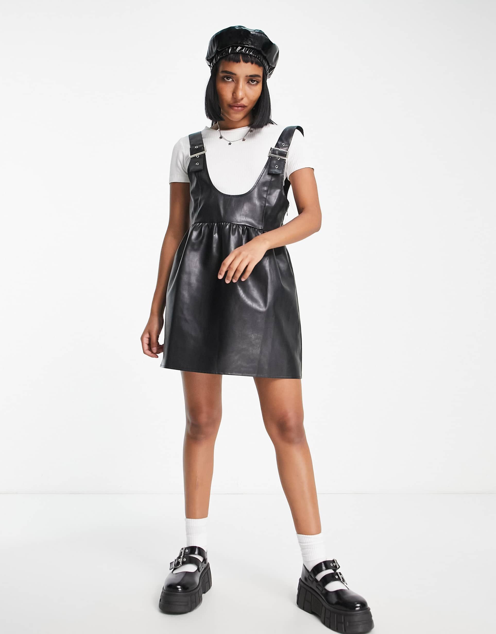 Reclaimed Vintage inspired PU pinny dress in black view 2