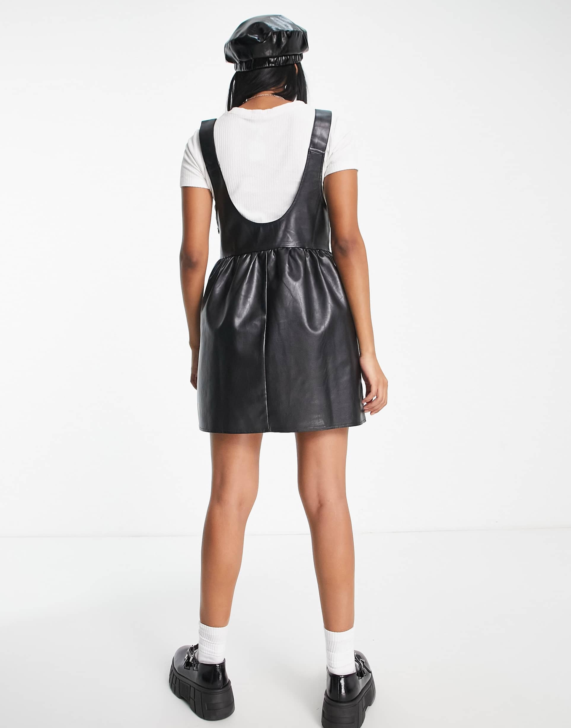 Reclaimed Vintage inspired PU pinny dress in black view 3