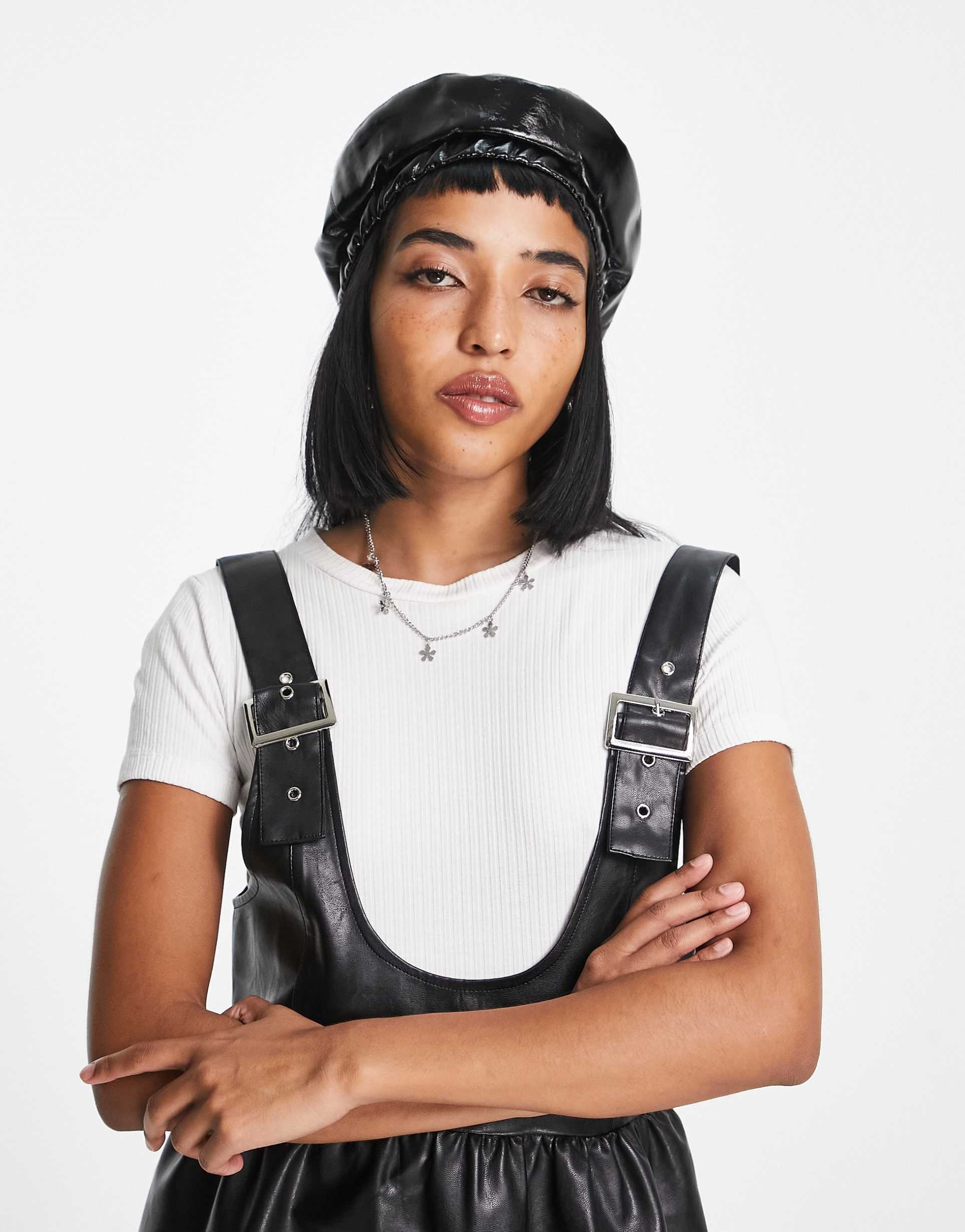 Reclaimed Vintage inspired PU pinny dress in black view 4