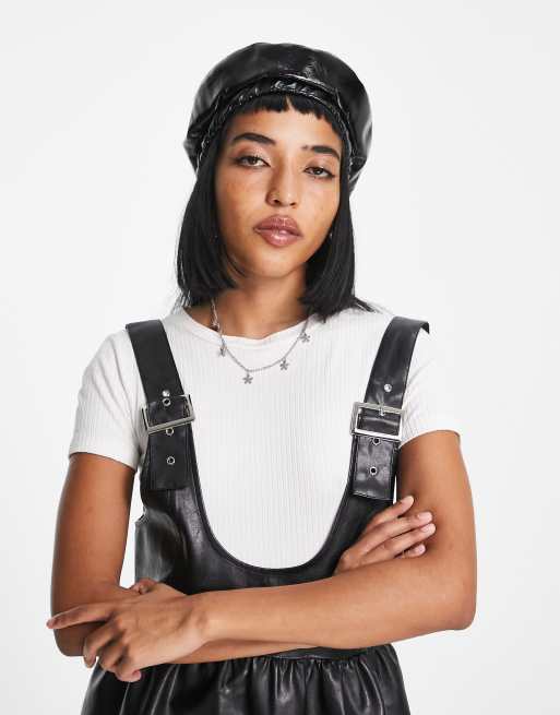 Reclaimed Vintage inspired PU pinny dress in black , 3 of 4