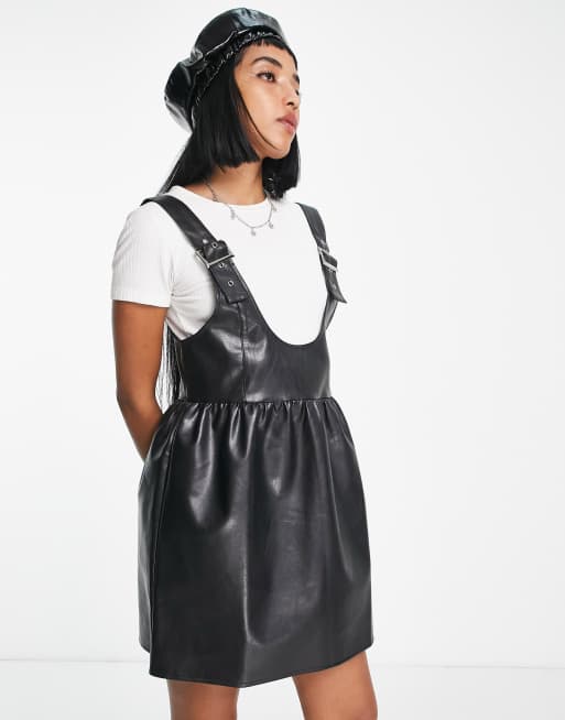 Reclaimed Vintage inspired PU pinny dress in black , 4 of 4