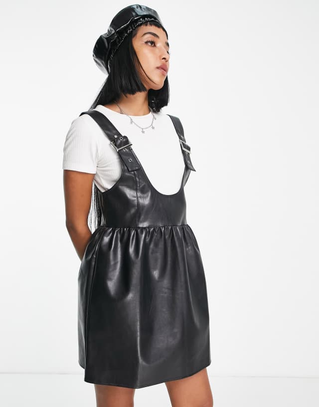 Reclaimed Vintage Inspired PU pinny dress in black 2
