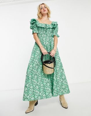 Reclaimed Vintage inspired puff sleeve midi dress in green floral | ASOS