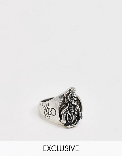 Reclaimed Vintage Inspired punk skeleton ring in silver