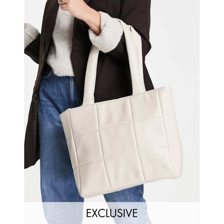 Reclaimed Vintage inspired quilted leather look tote bag in ecru