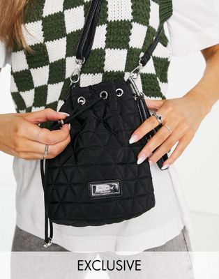 Reclaimed Vintage inspired quilted nylon bucket bag in black