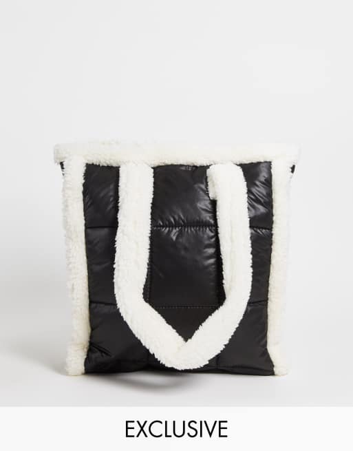 Reclaimed Vintage inspired quilted tote bag with teddy trim in black 