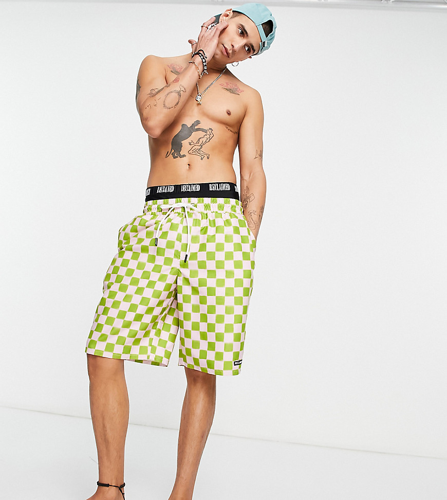Reclaimed Vintage Inspired recycled 90s baggy swim shorts in checkerboard print-Multi
